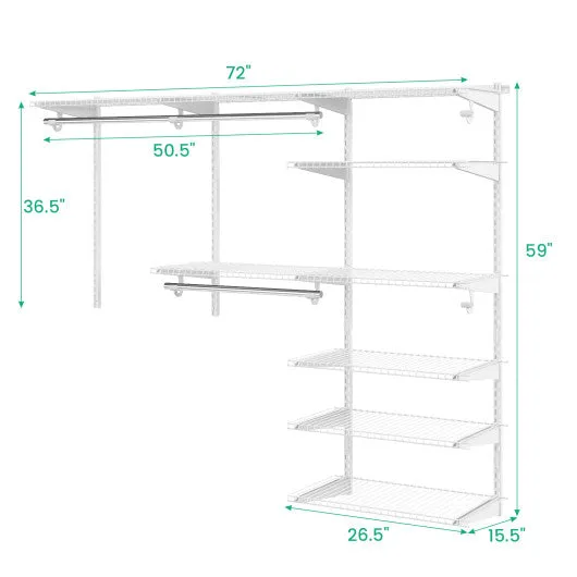 Adjustable Closet Organizer Kit with Shelves and Hanging Rods for 4 to 6 Feet-White