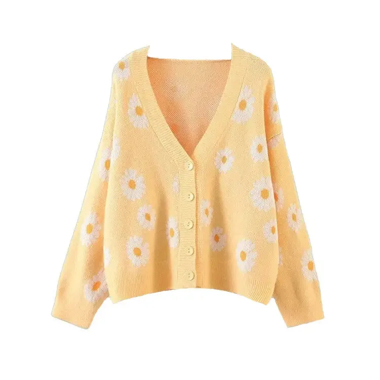 Aesthetic Flower Knit Loose V Neck Cardigan