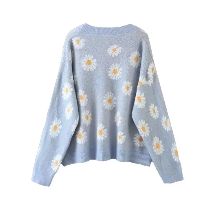 Aesthetic Flower Knit Loose V Neck Cardigan