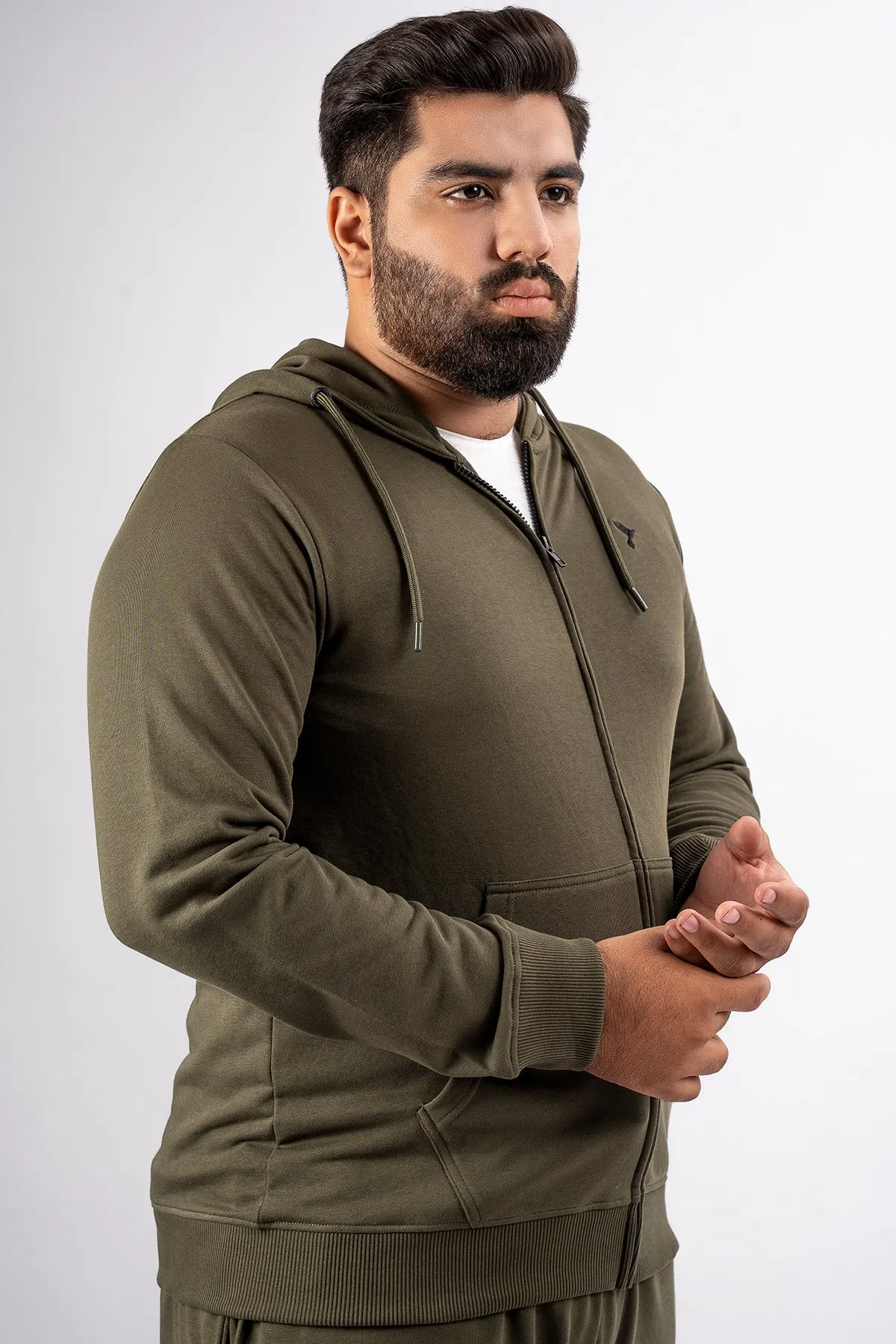 Army Green Embroidered Zipper Hoodie (Plus Size) - S24 - MH0094P