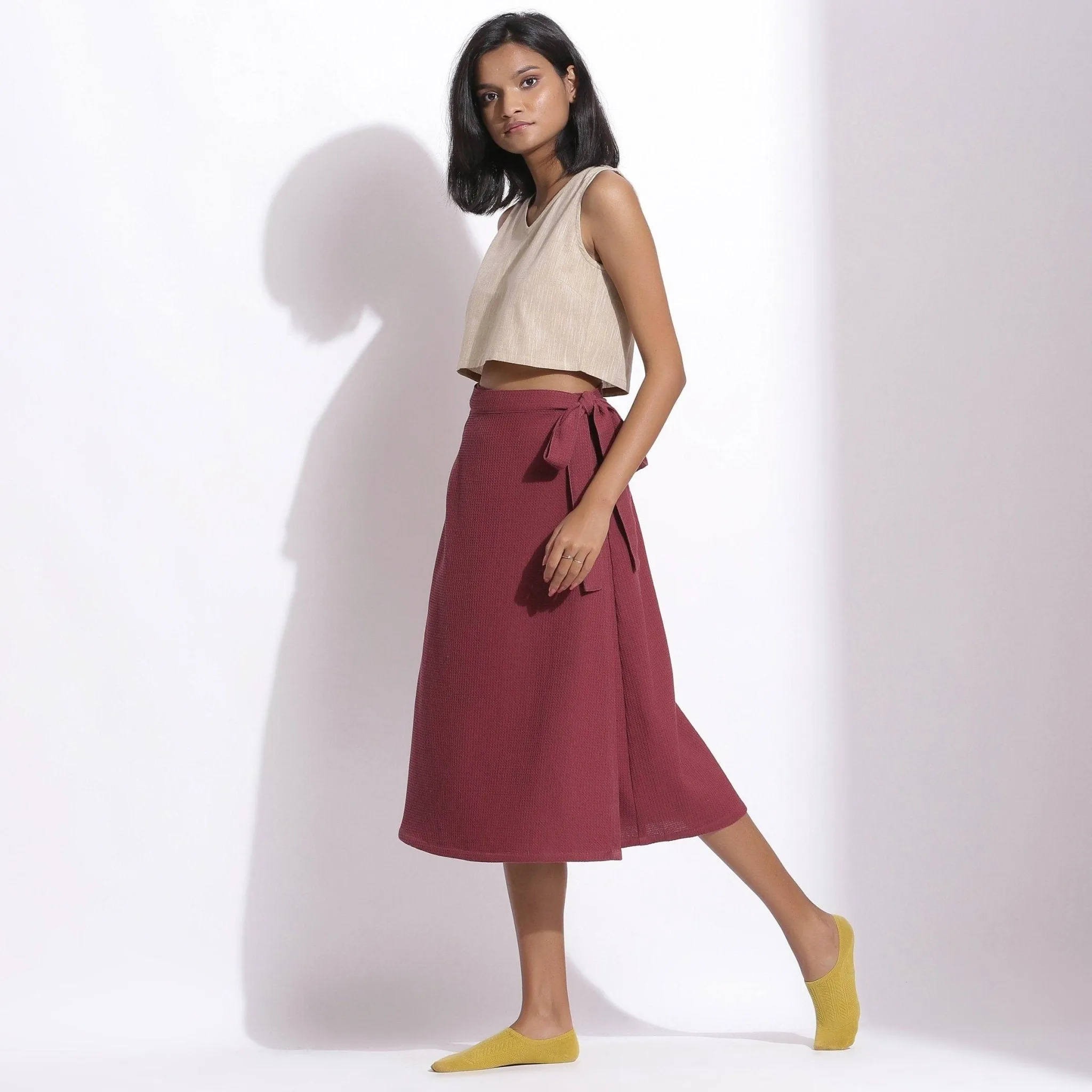 Barn Red Warm Cotton Waffle Midi Wrap Skirt