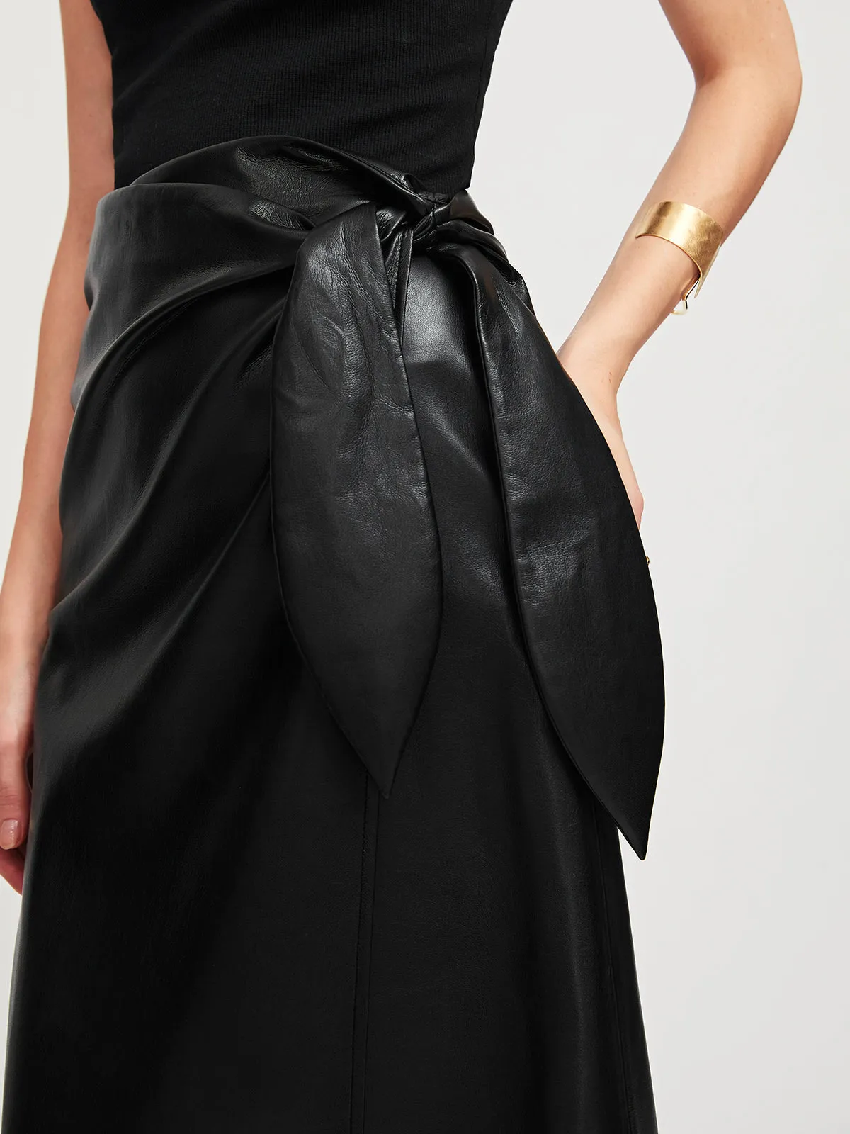 Black Long Wrap Vegan Leather Midi Skirt