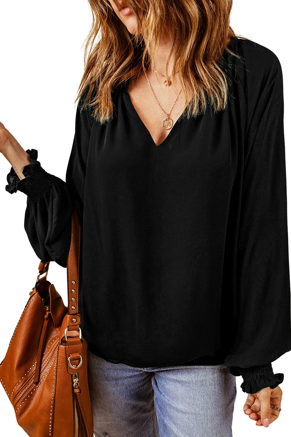 Black Pleated V Neck Puffy Sleeve Blouse