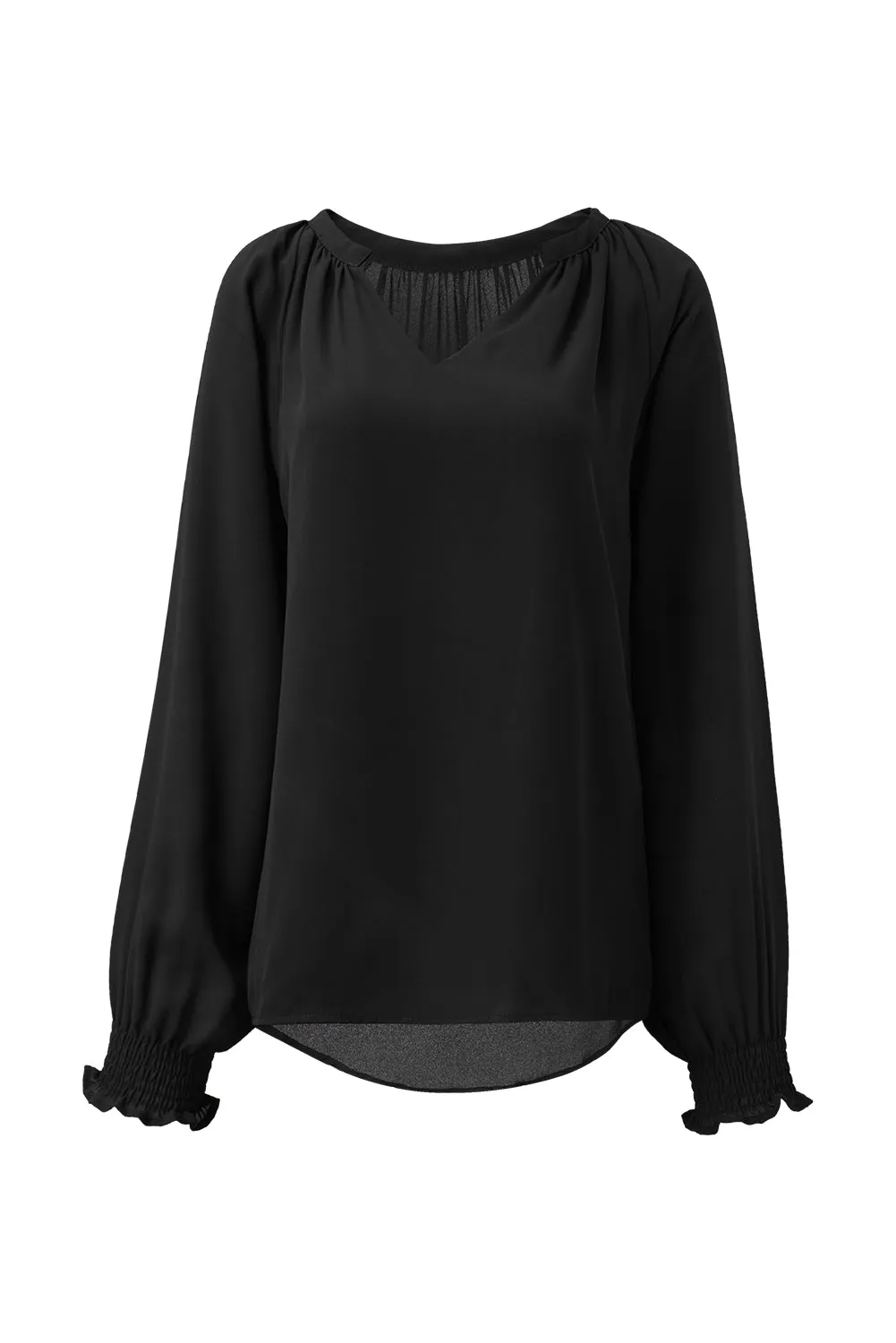 Black Pleated V Neck Puffy Sleeve Blouse