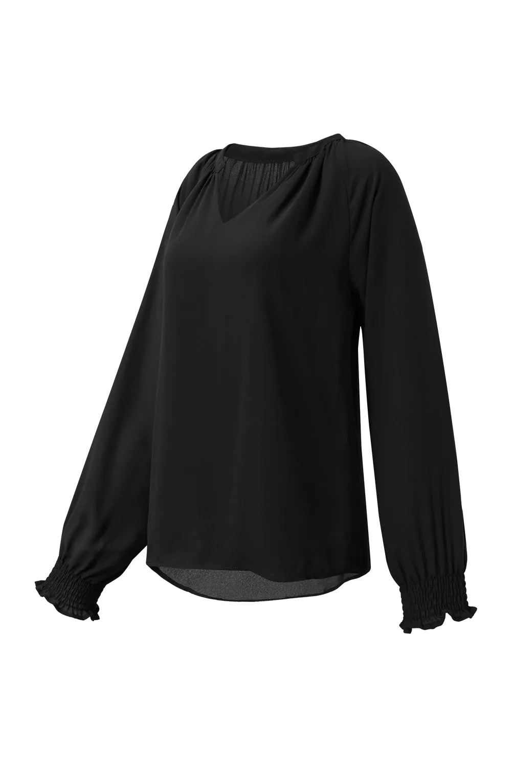 Black Pleated V Neck Puffy Sleeve Blouse