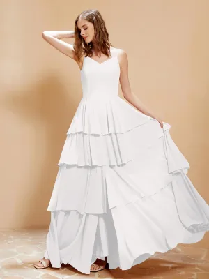 Boho V-neck Floor-length Dress Flowy Ruffles Ivory