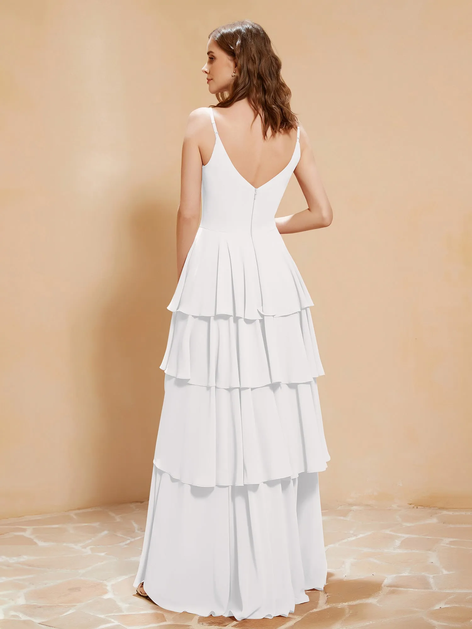 Boho V-neck Floor-length Dress Flowy Ruffles Ivory