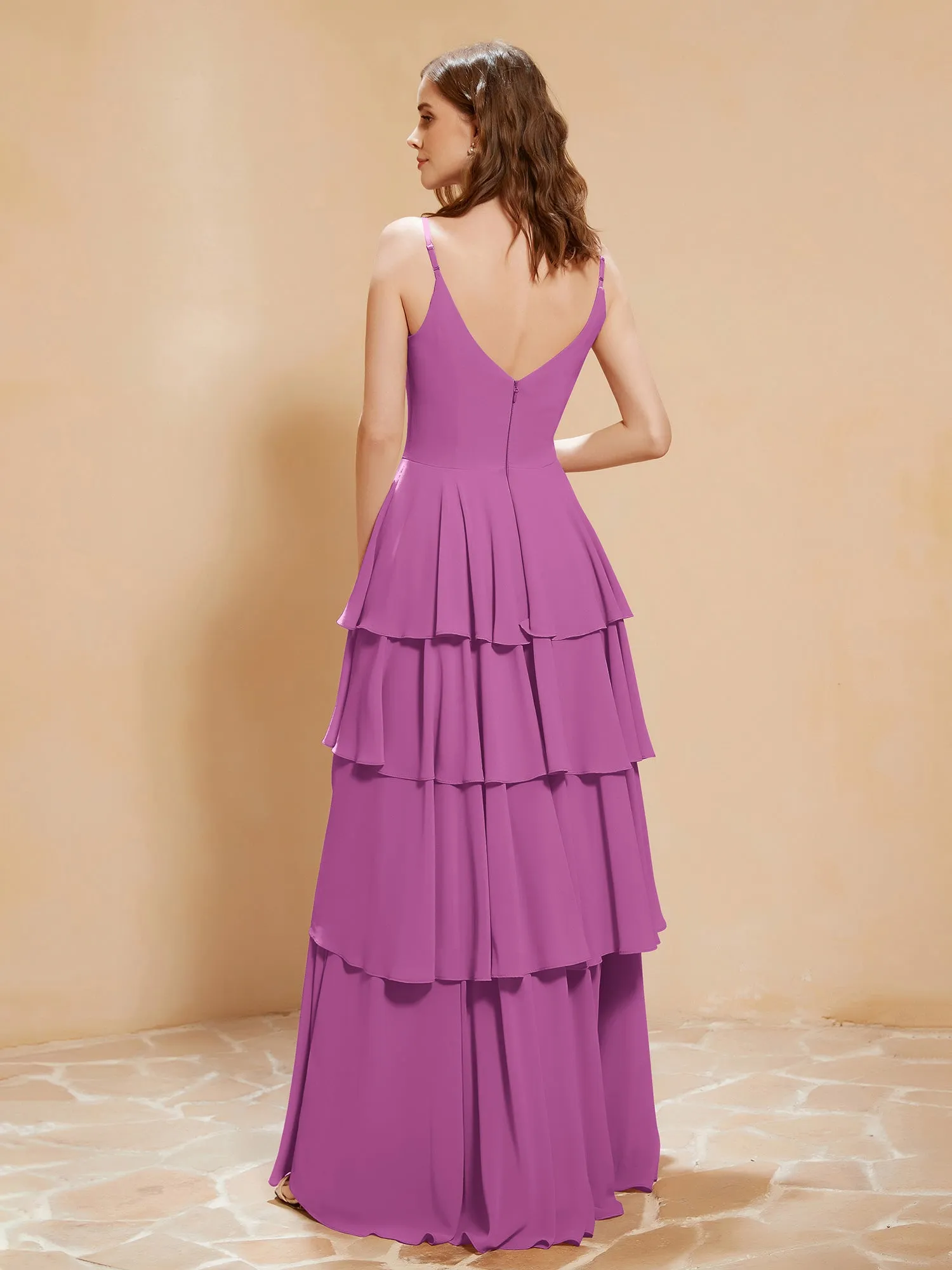 Boho V-neck Floor-length Dress Flowy Ruffles Orchid