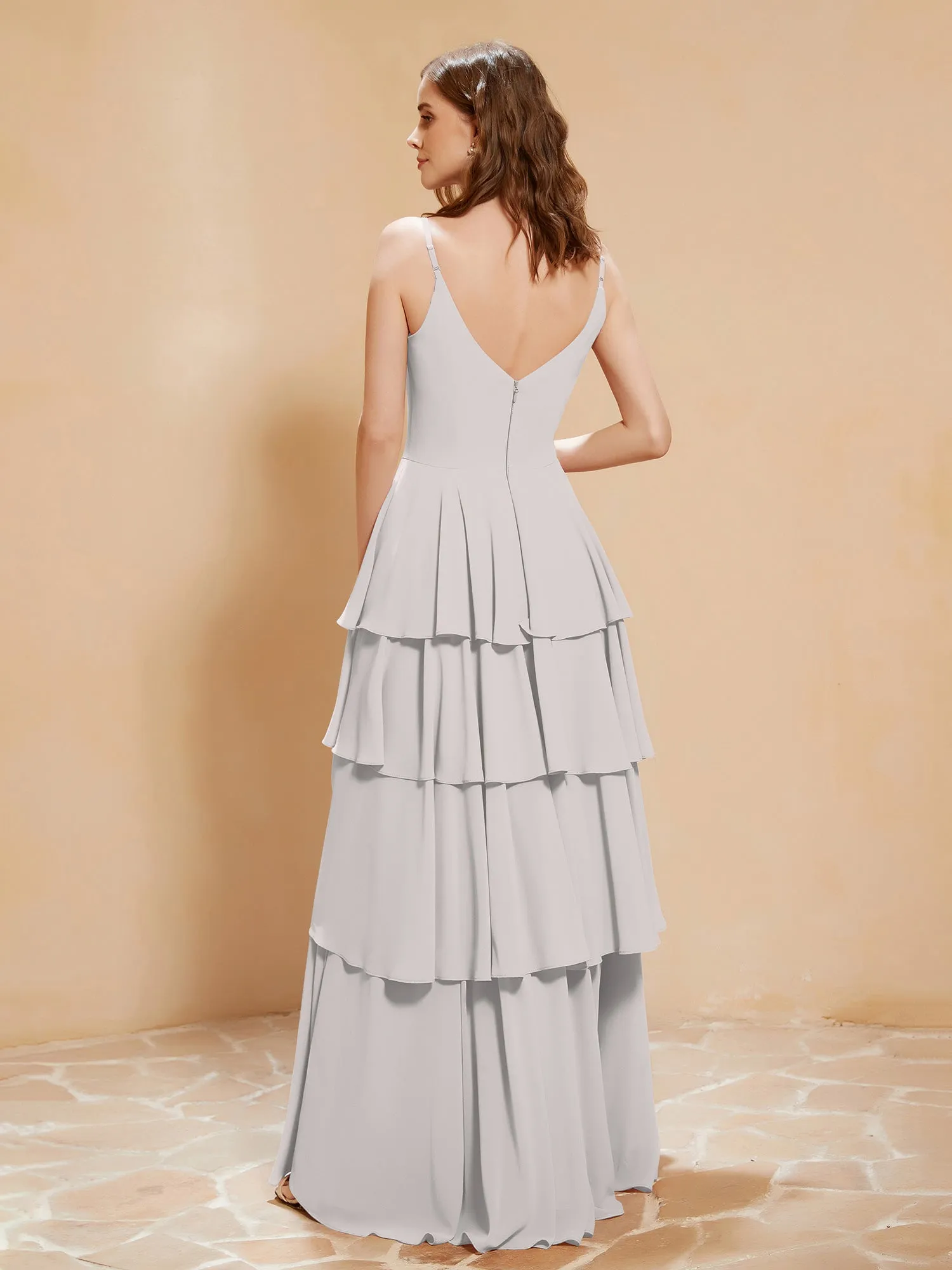 Boho V-neck Floor-length Dress Flowy Ruffles Silver