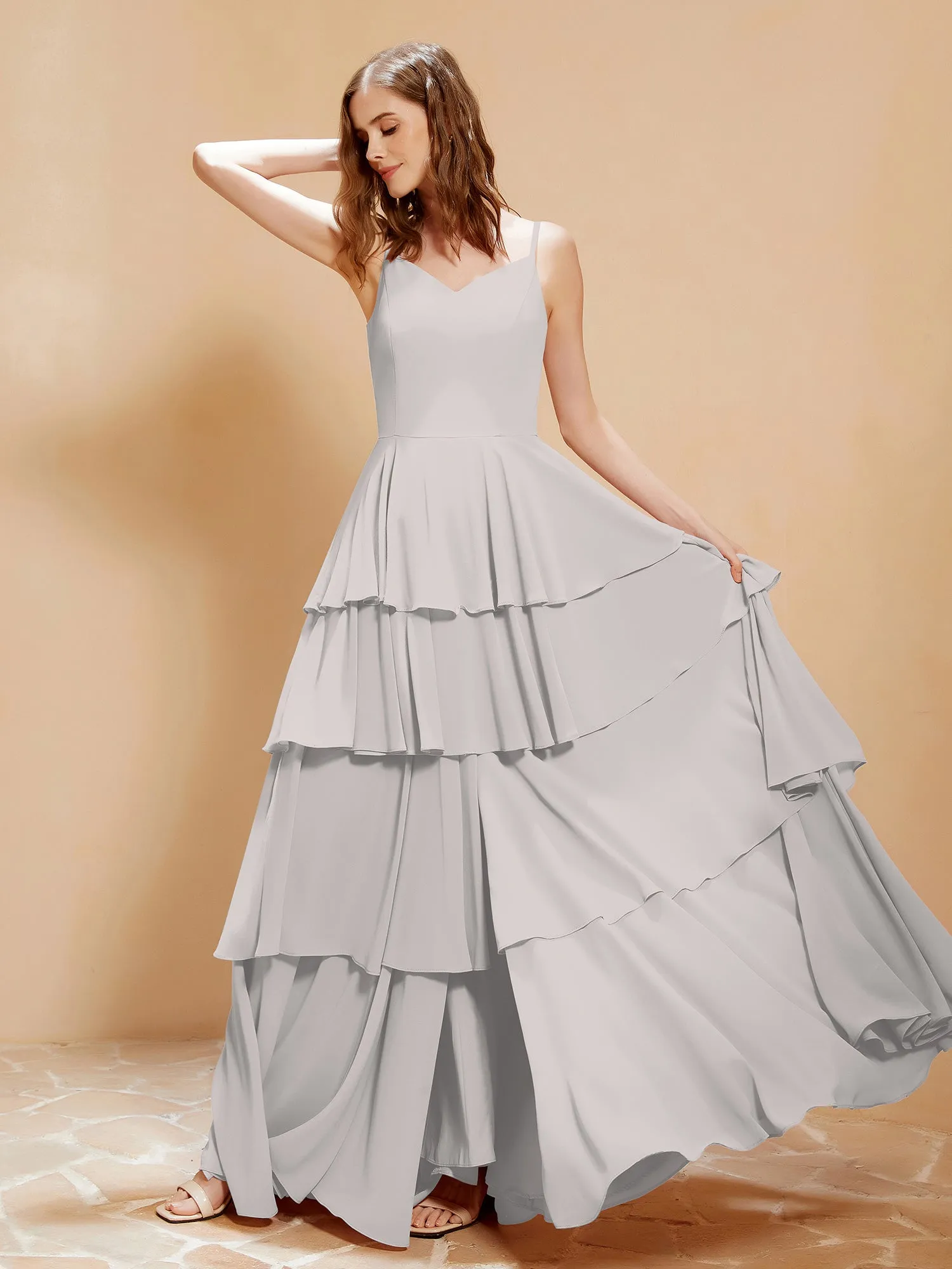 Boho V-neck Floor-length Dress Flowy Ruffles Silver