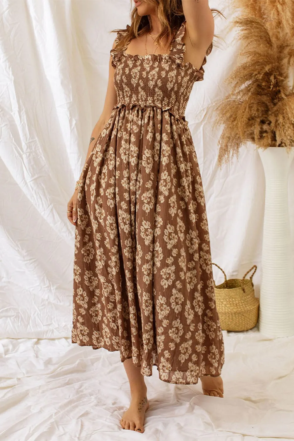 Brown Floral Maxi Dress with Ruffled Straps and Smocked Details