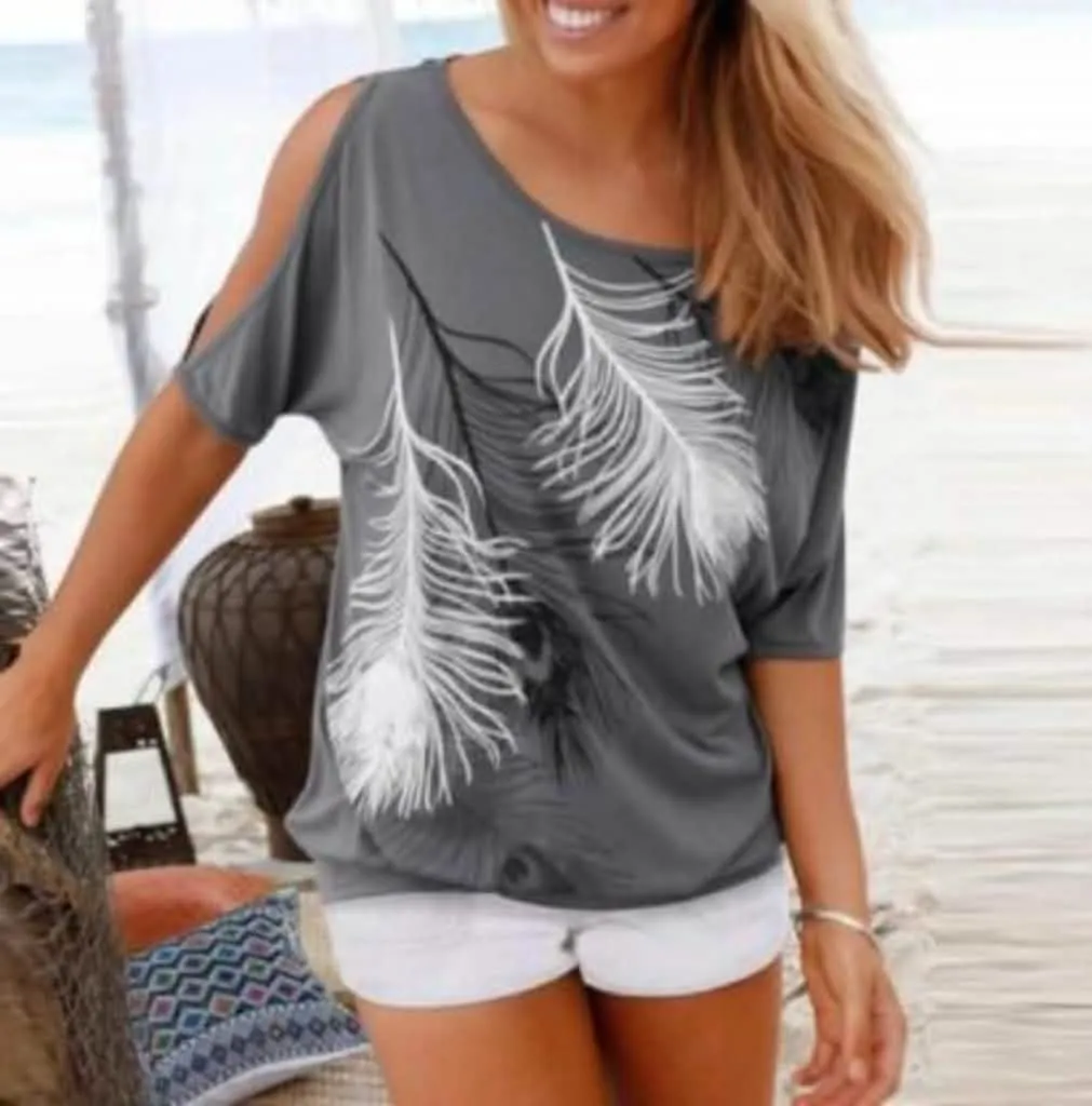 Chic Feather Print Off-Shoulder Blouse for Women