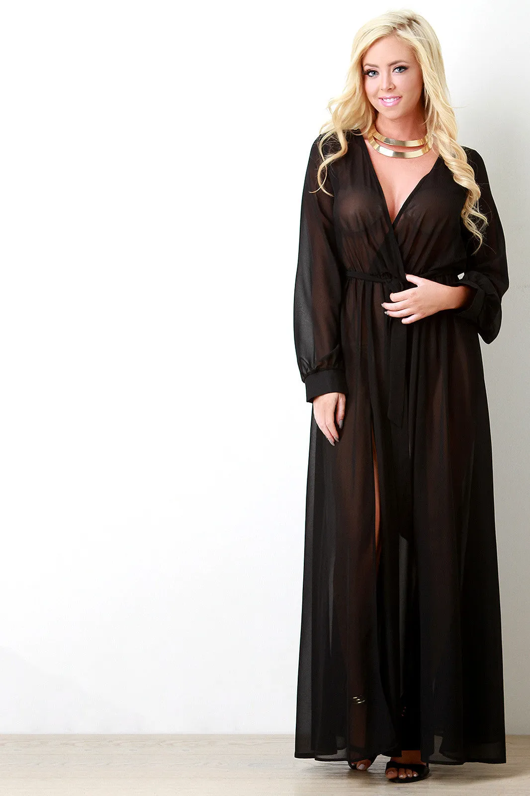 Chiffon Surplice Wrap Front Slit Maxi Dress