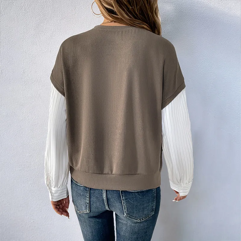 Color Block Textured Long Sleeve Tops Crewneck Sweatshirts