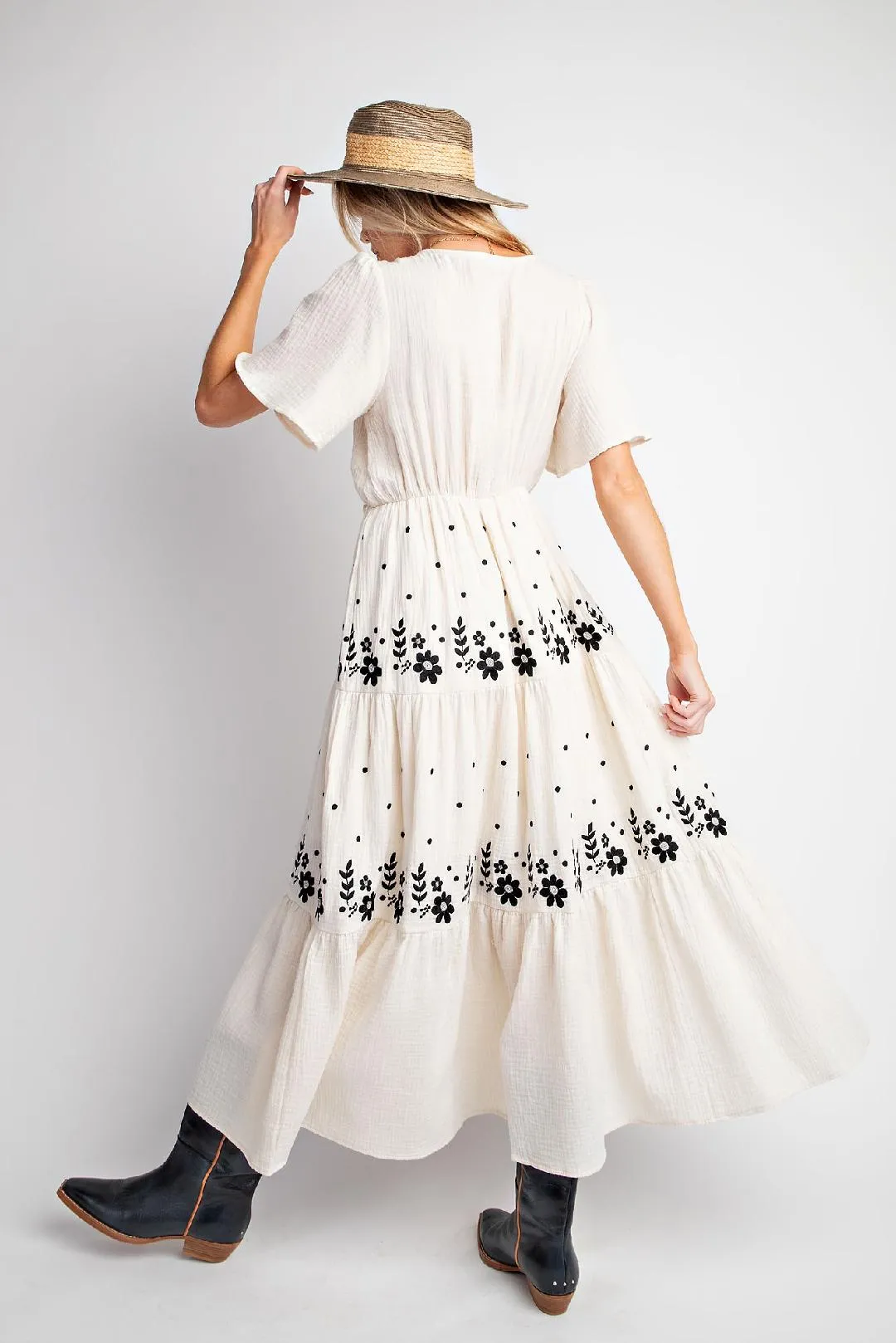 Cream Maxi Dress w/ Black Embroidery Details