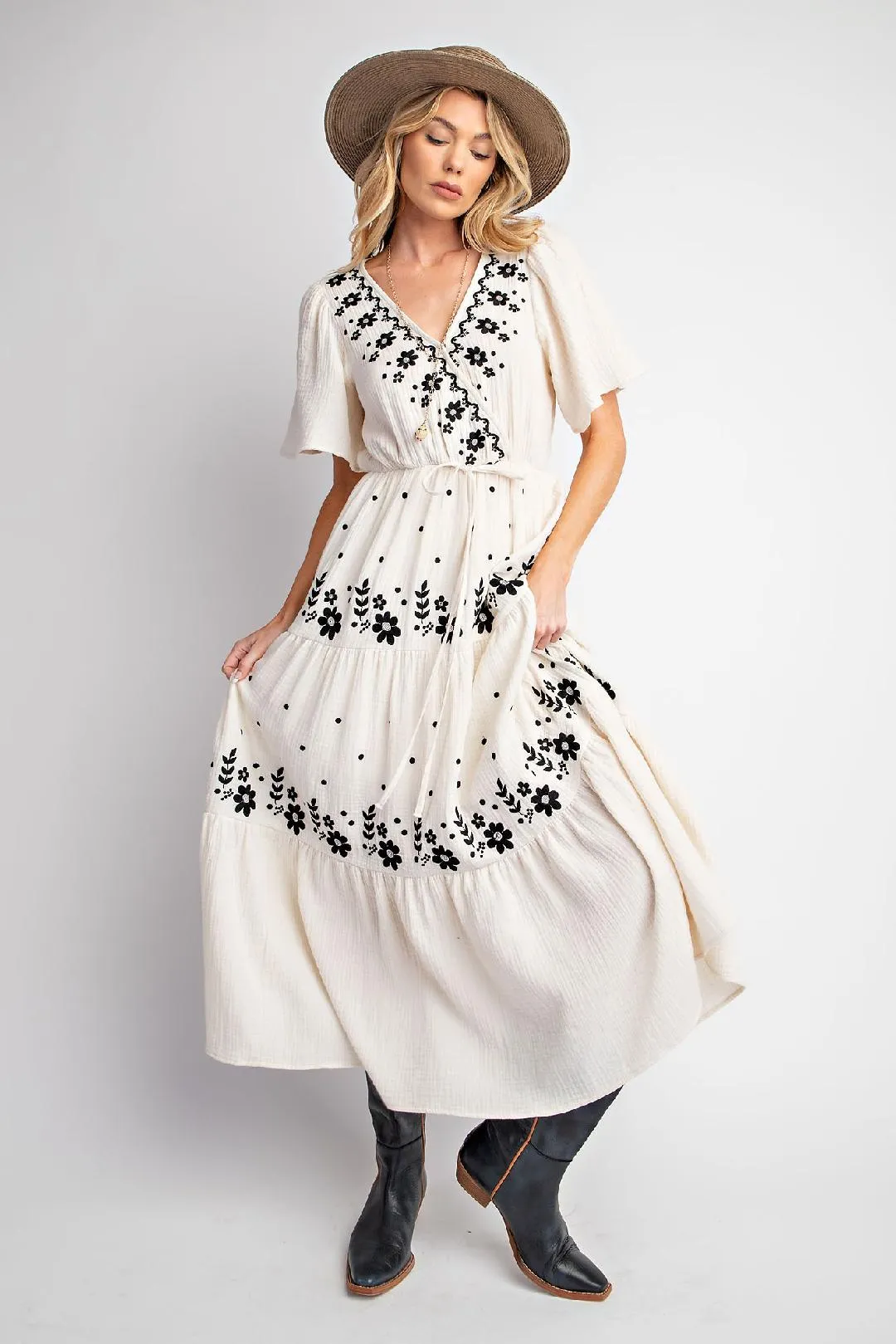 Cream Maxi Dress w/ Black Embroidery Details