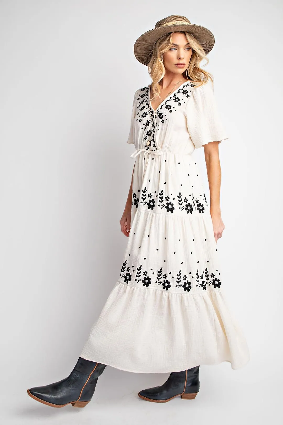 Cream Maxi Dress w/ Black Embroidery Details