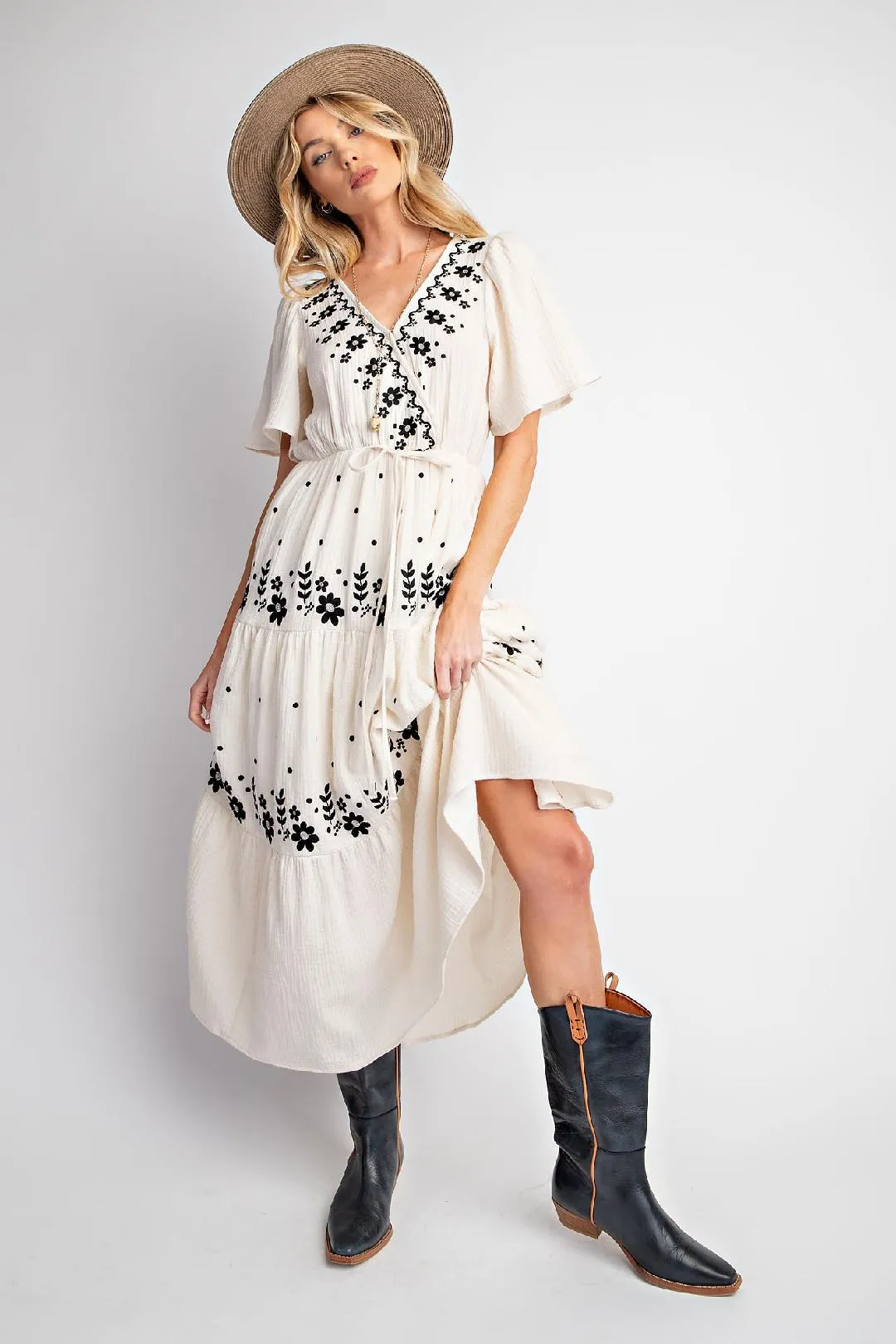 Cream Maxi Dress w/ Black Embroidery Details