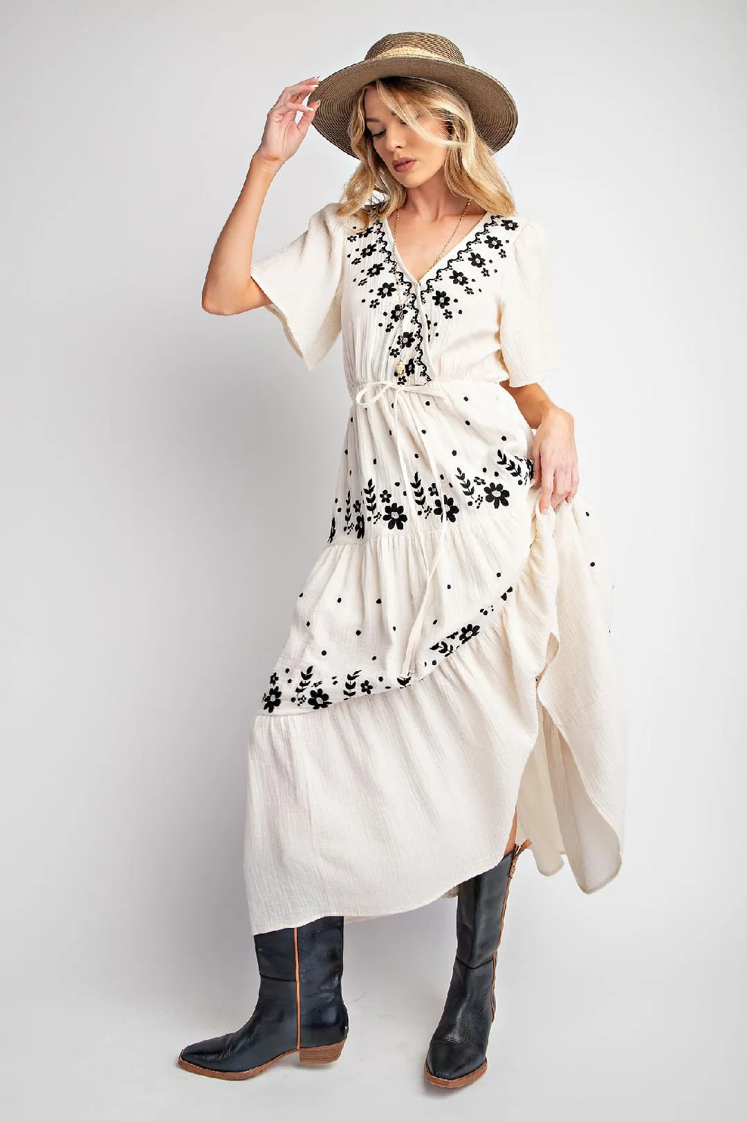 Cream Maxi Dress w/ Black Embroidery Details