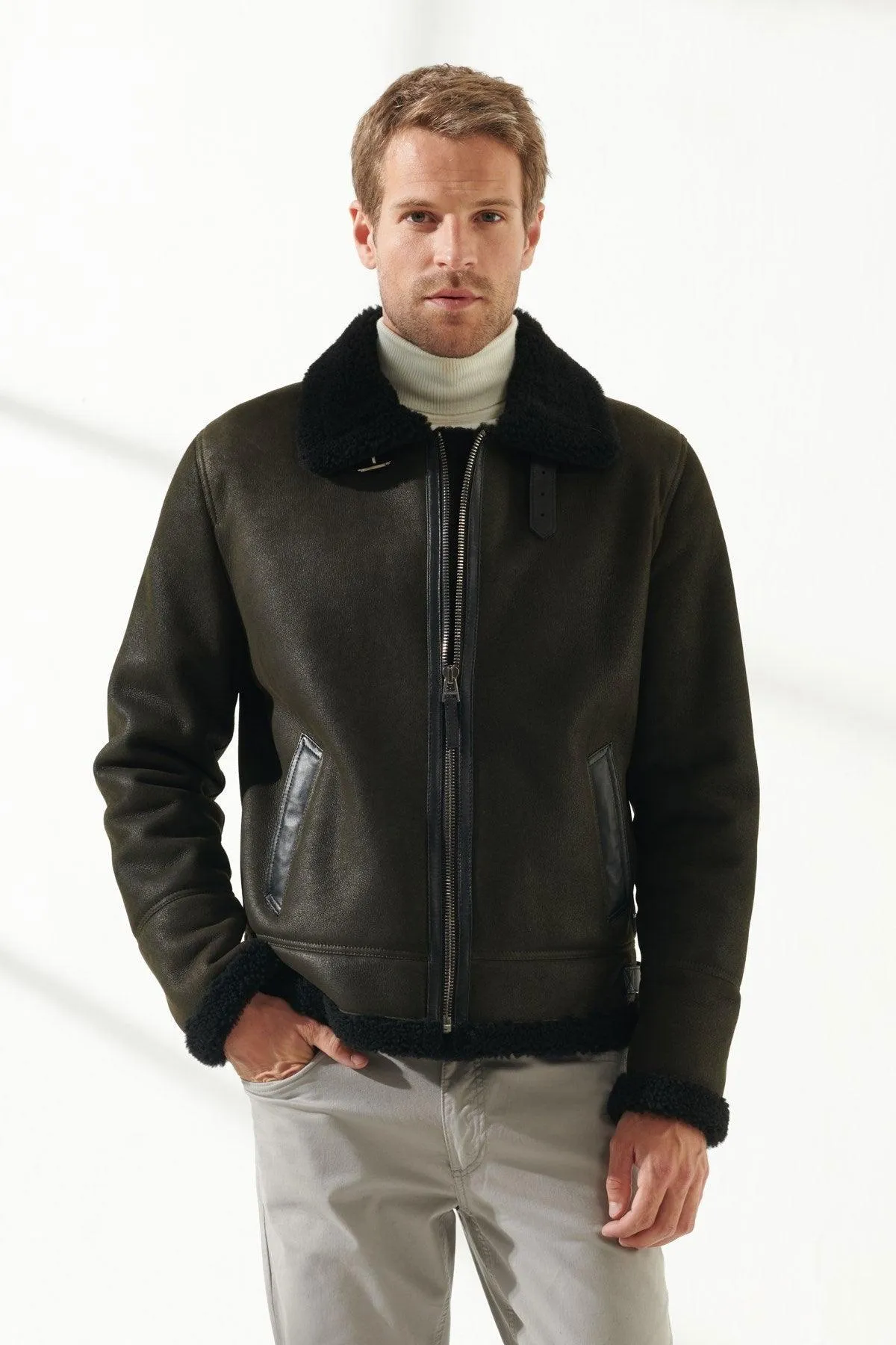 Dark Green Aviator Shearling Jacket