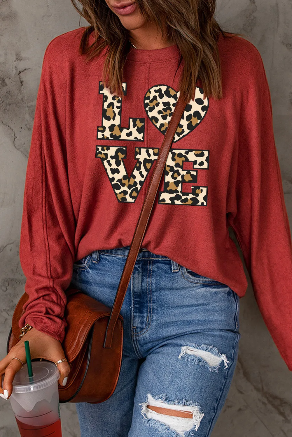 Date Night LOVE Leopard Print Patchwork Knit Long Sleeve Top