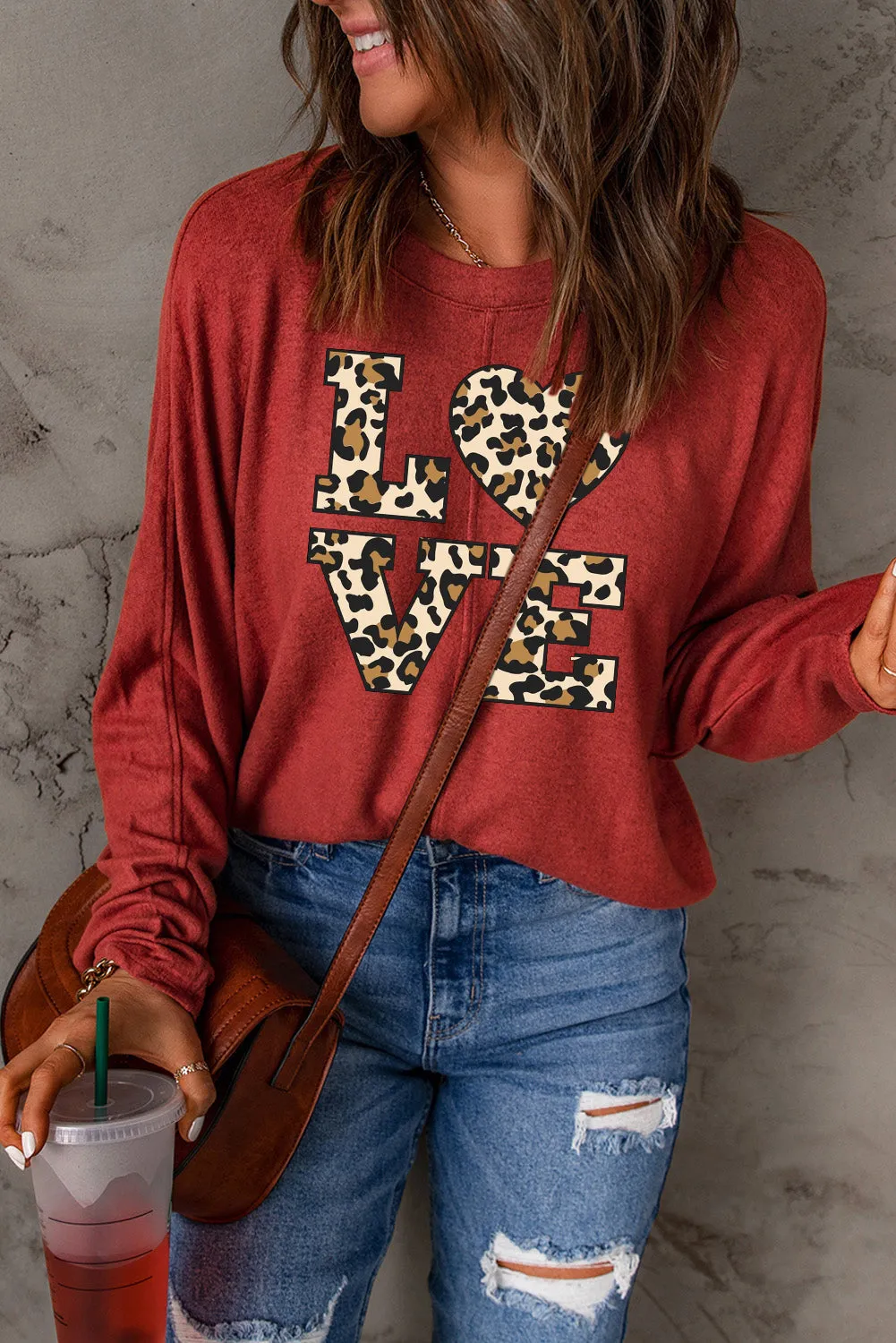 Date Night LOVE Leopard Print Patchwork Knit Long Sleeve Top