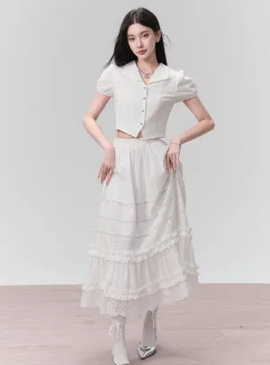 Ethereal Elegance Two-Piece Set: Puff Sleeve Crop Blouse & Tiered Lace Midi Skirt - Pure White