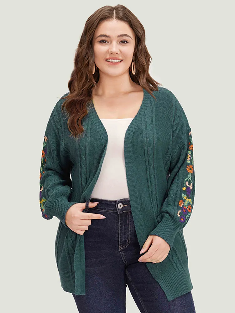 Floral Embroidered Cable Knit Lantern Sleeve Cardigan