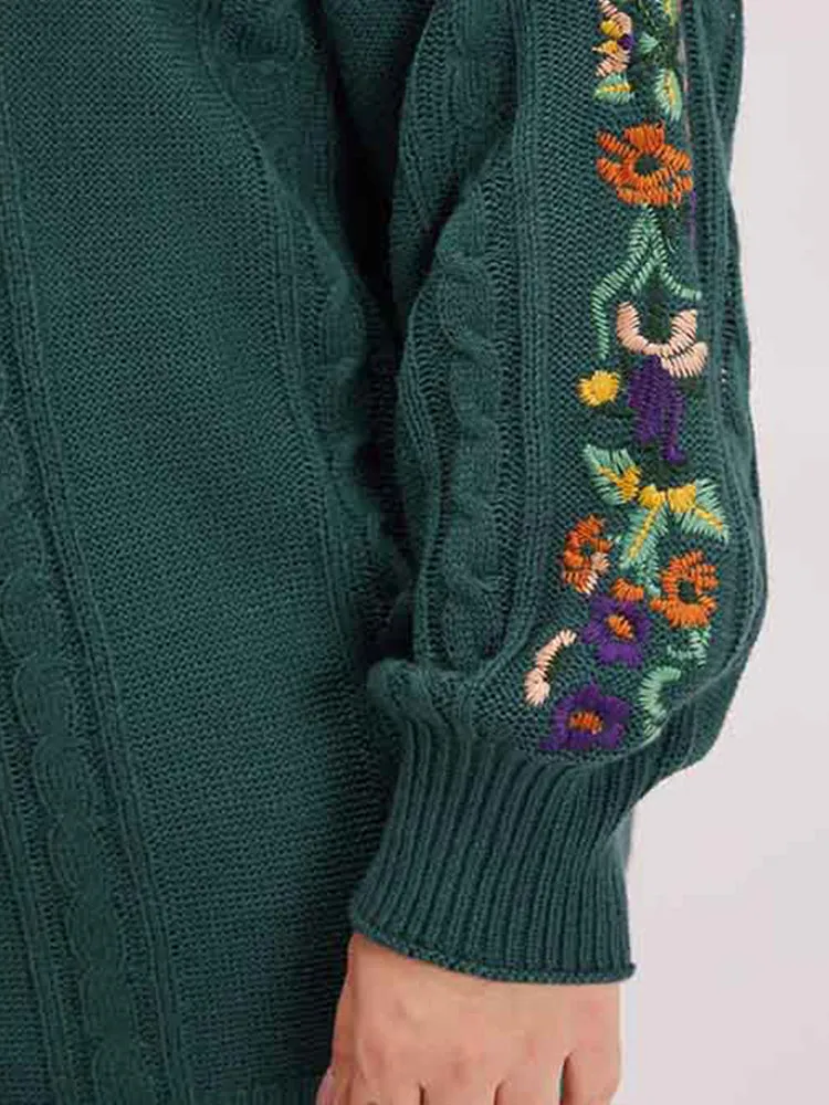 Floral Embroidered Cable Knit Lantern Sleeve Cardigan