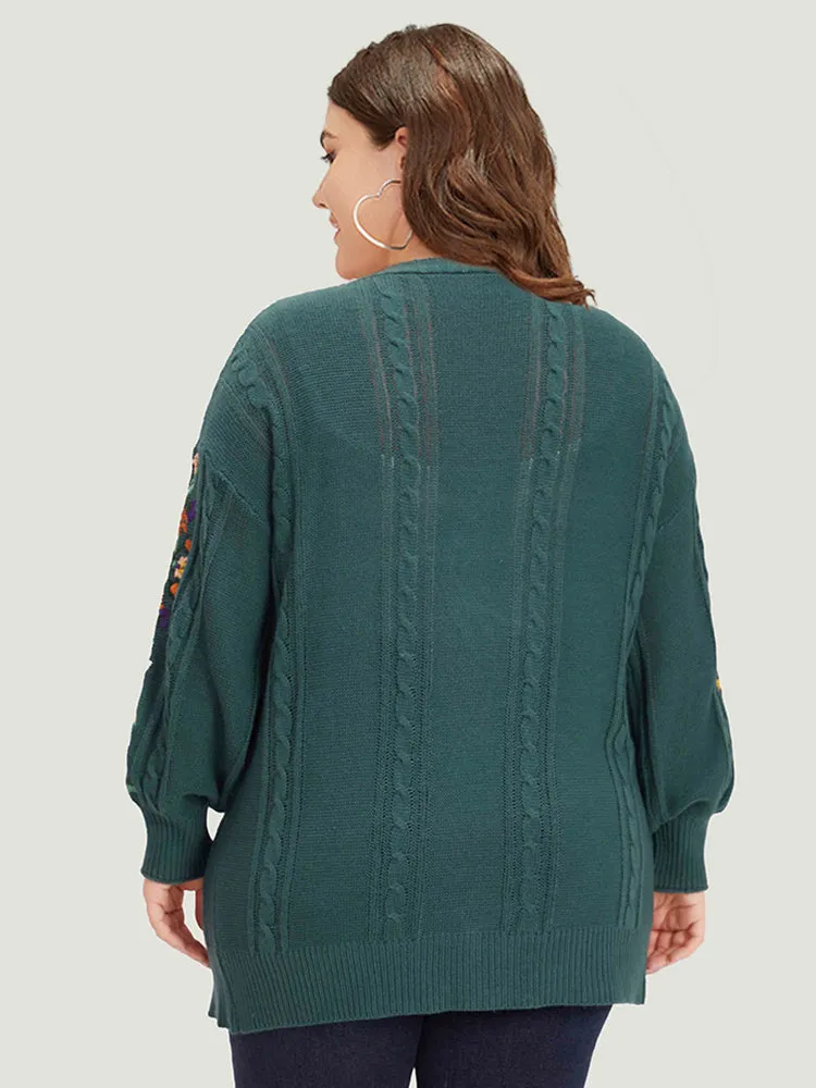 Floral Embroidered Cable Knit Lantern Sleeve Cardigan