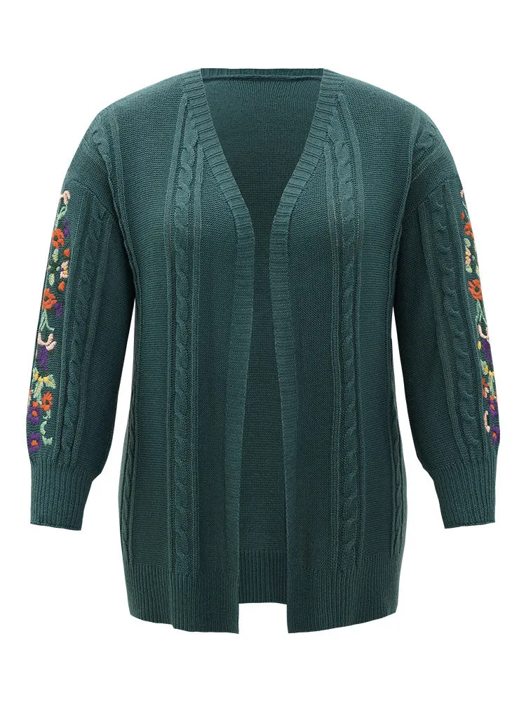 Floral Embroidered Cable Knit Lantern Sleeve Cardigan