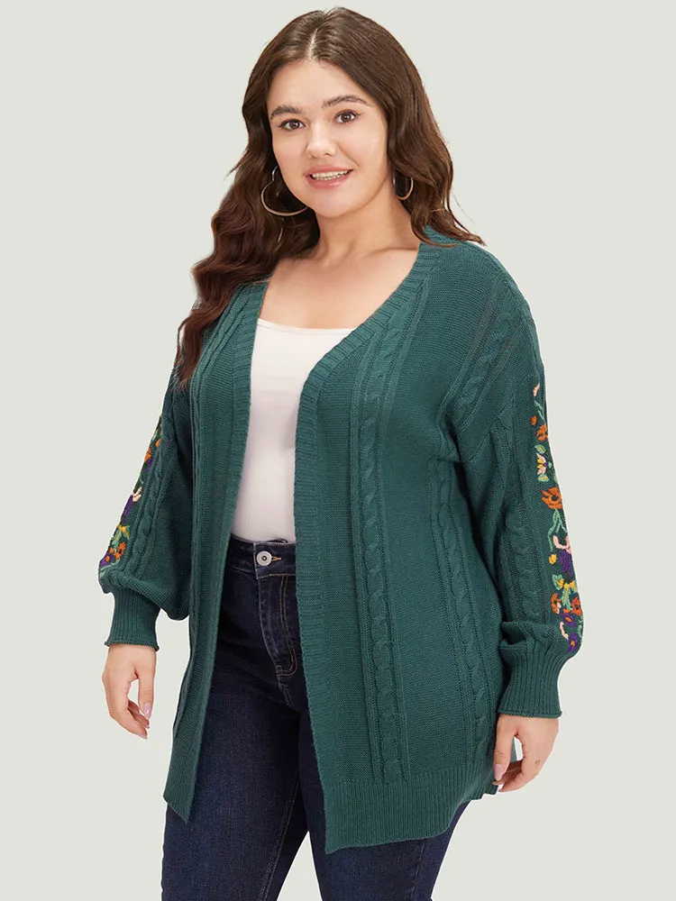 Floral Embroidered Cable Knit Lantern Sleeve Cardigan