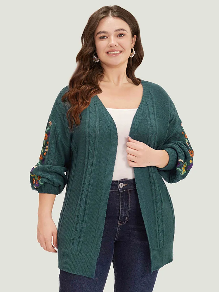 Floral Embroidered Cable Knit Lantern Sleeve Cardigan