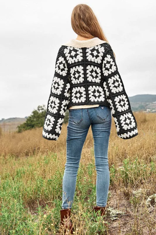 Floral Square Crochet Open Knit Cardigan