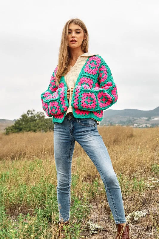 Floral Square Crochet Open Knit Cardigan