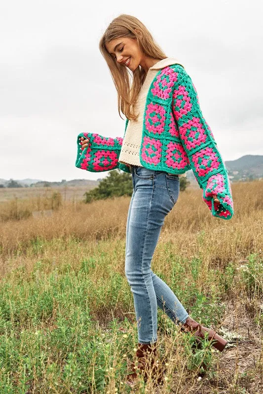 Floral Square Crochet Open Knit Cardigan