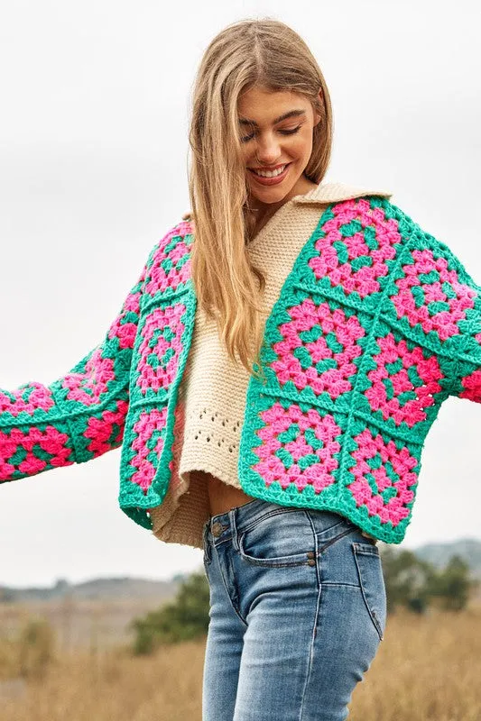 Floral Square Crochet Open Knit Cardigan