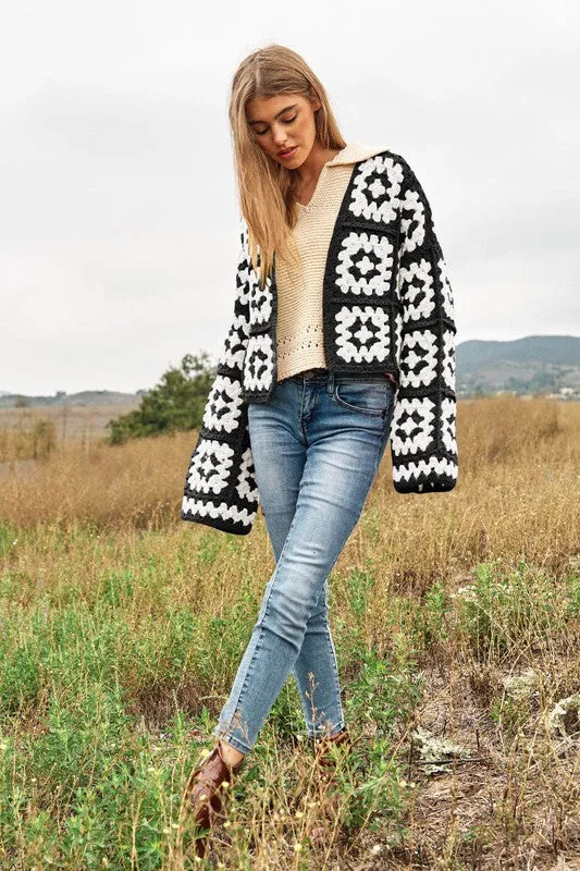 Floral Square Crochet Open Knit Cardigan