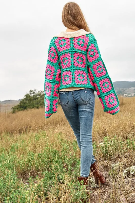 Floral Square Crochet Open Knit Cardigan