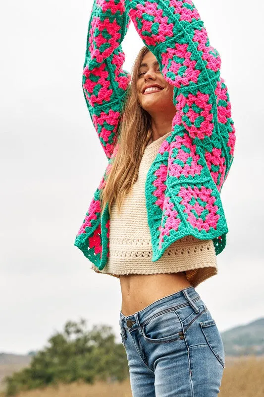 Floral Square Crochet Open Knit Cardigan