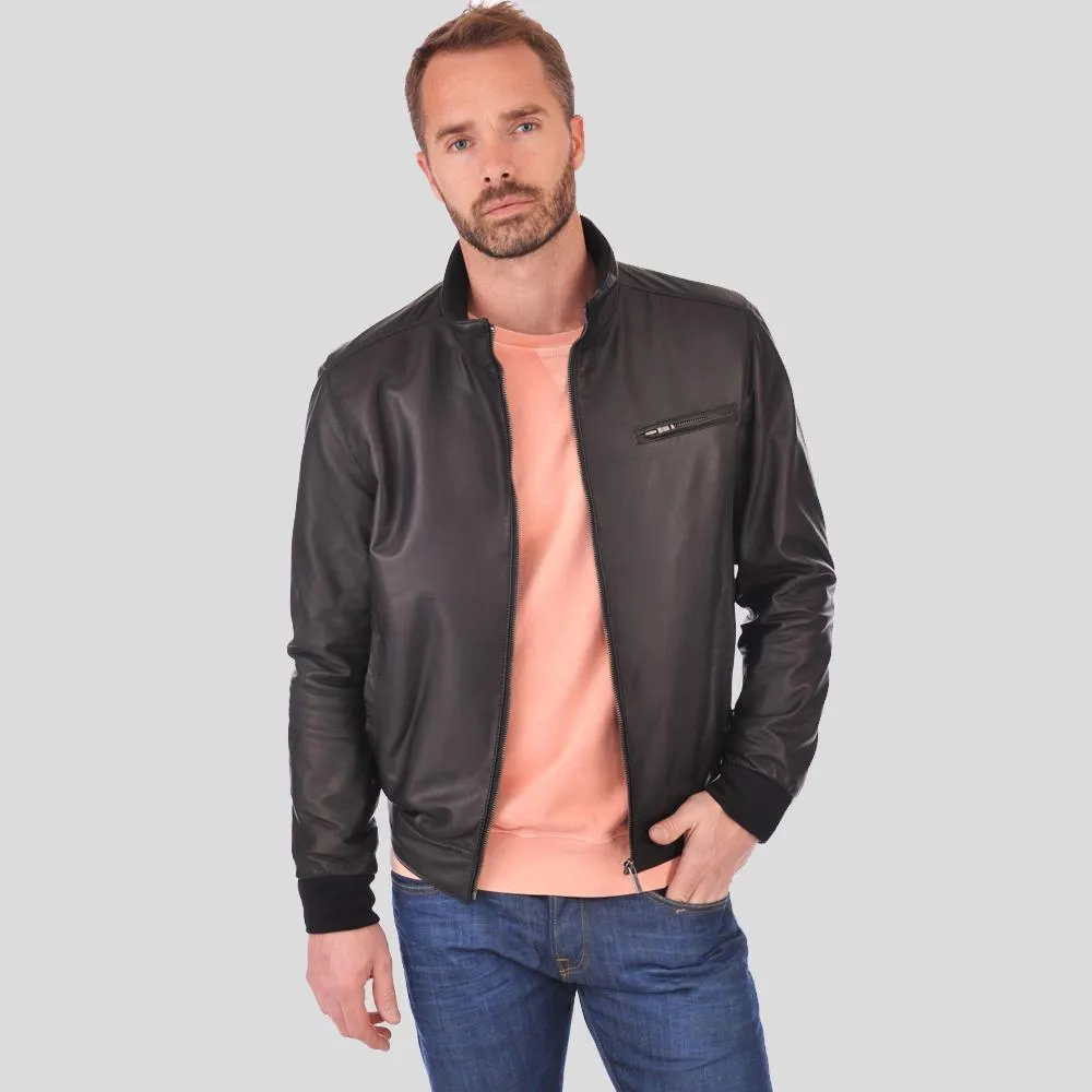 Flynn Black Bomber Leather Jacket for Men