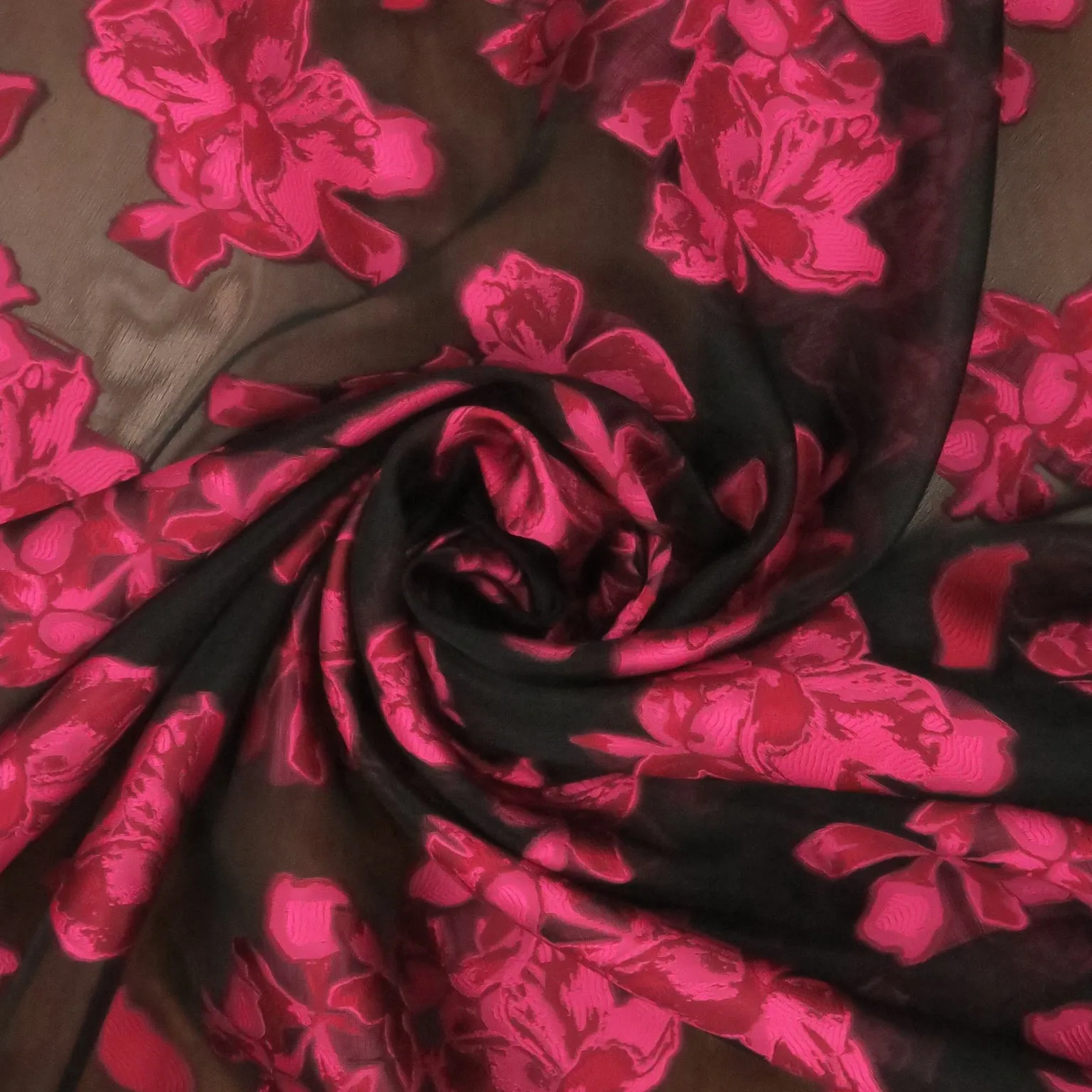 Fuchsia Floral on a Black Background Textured Brocade Fabric