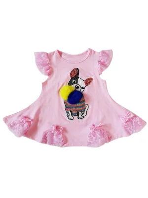 Girls Pink Sequins French Bulldog Pom-Pom Swing Dress 9M-8