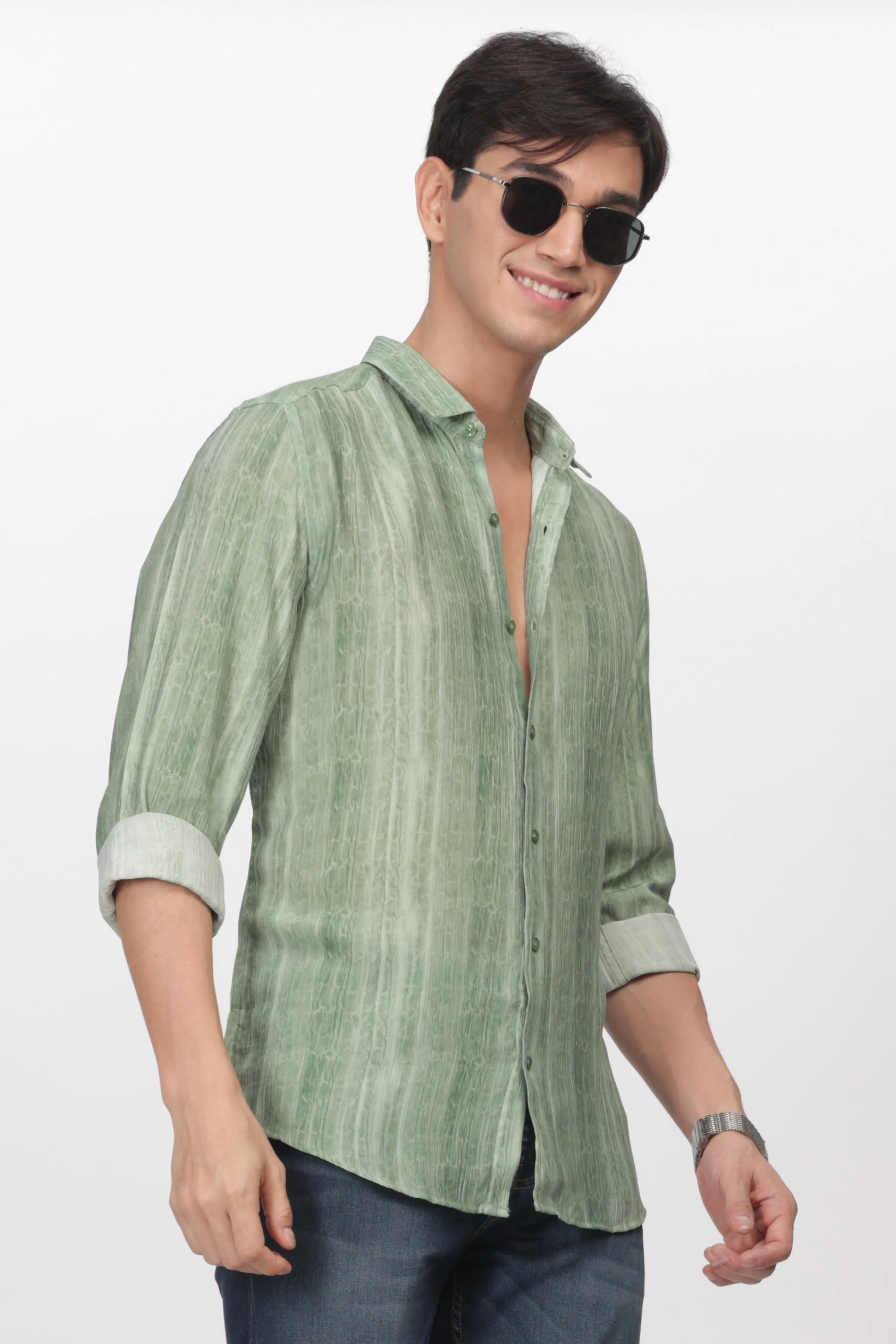 Green Slim Fit Viscose Beach Wear Shirt