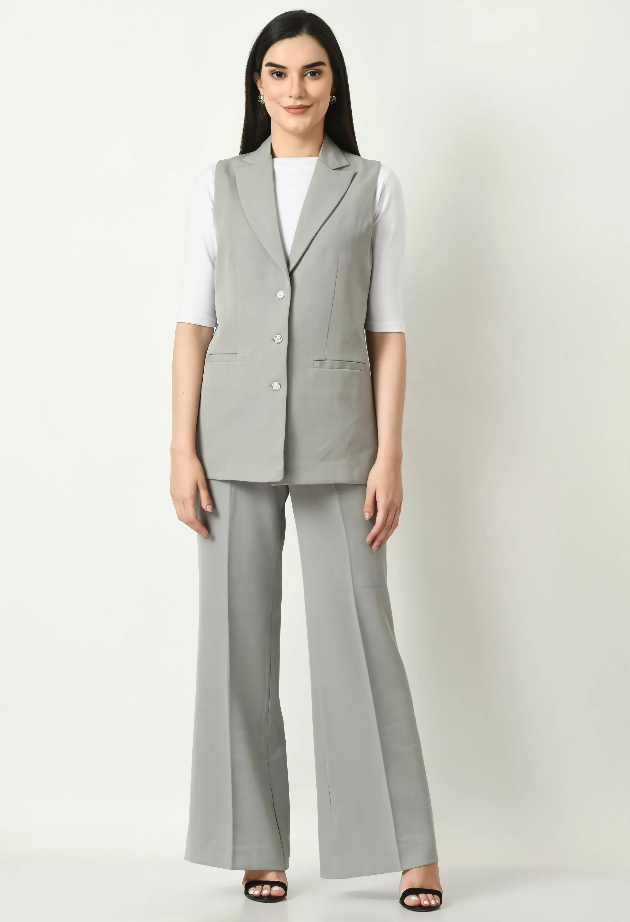 Grey Cotton Blend Meridian Sleeveless Long Blazer