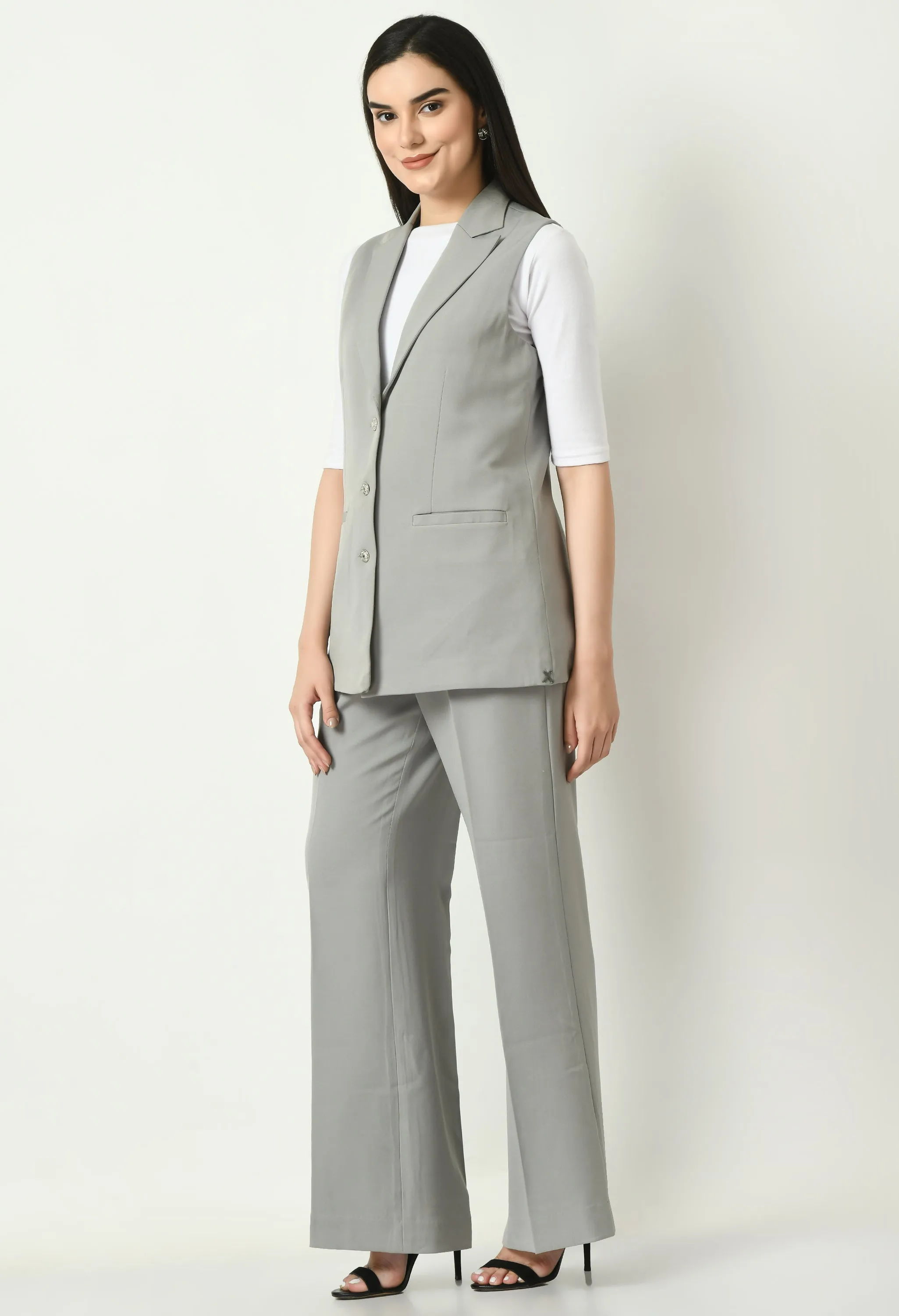 Grey Cotton Blend Meridian Sleeveless Long Blazer