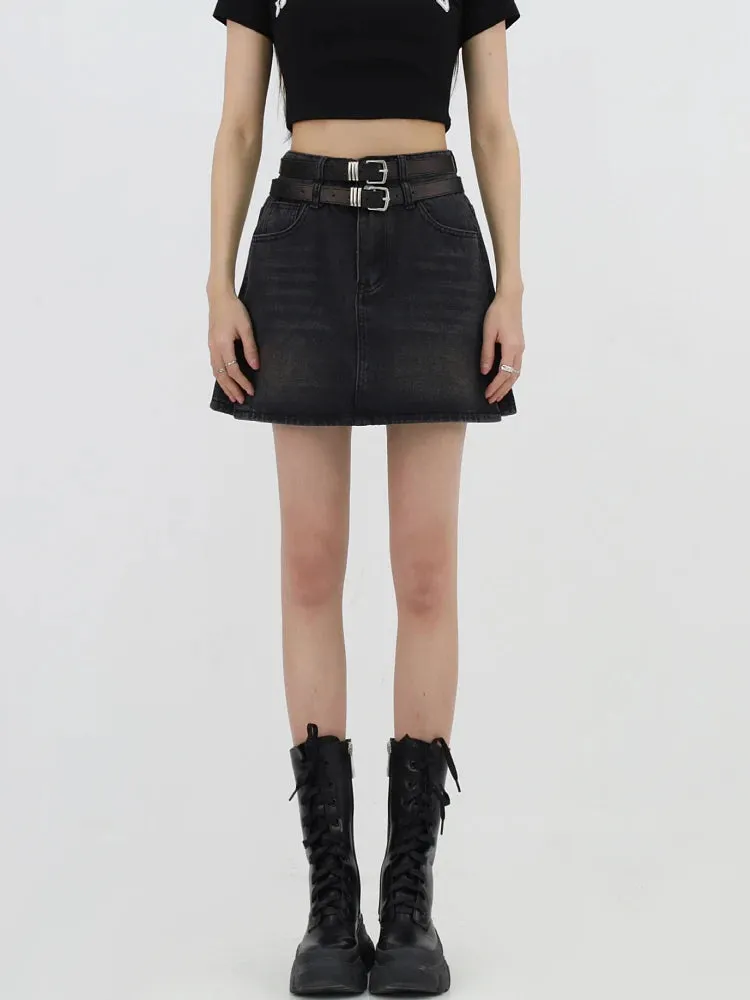 Grunge Double Belt Loop Denim Mini Skirt