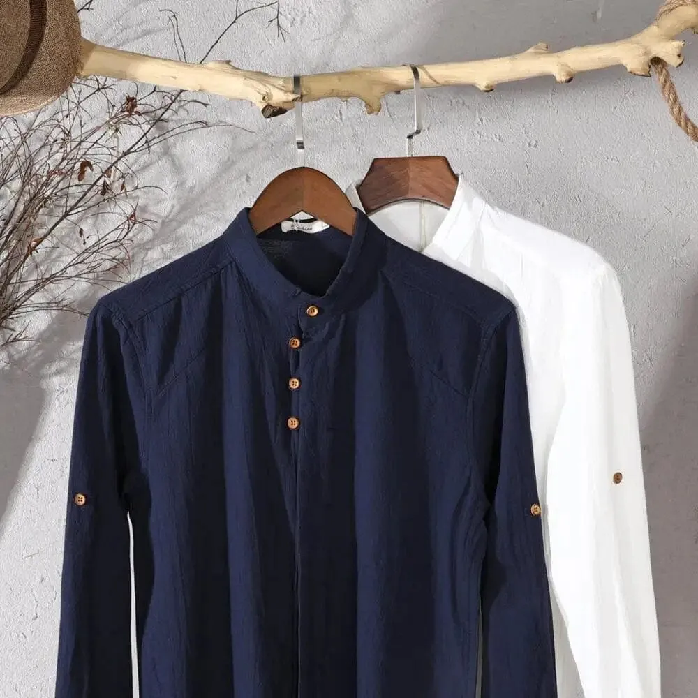 Japanese-Inspired Effortlessly Stylish Slim Fit Stand Collar Cotton Linen Shirt for Men