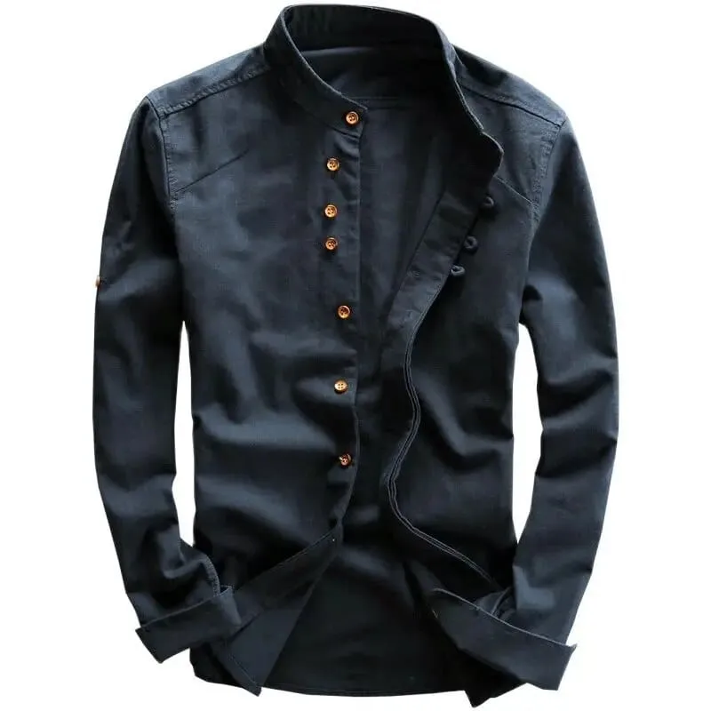 Japanese-Inspired Effortlessly Stylish Slim Fit Stand Collar Cotton Linen Shirt for Men