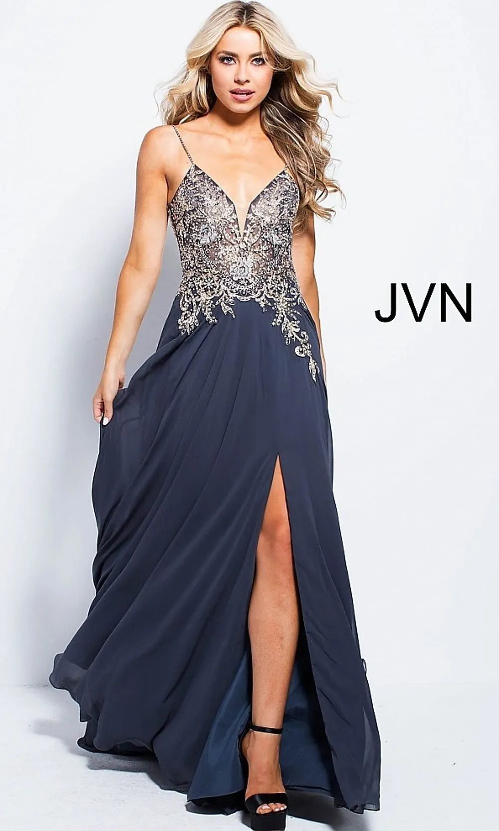 Jovani JVN55885 Size 00 Charcoal  high slit flowy Prom Dress Pageant Gown